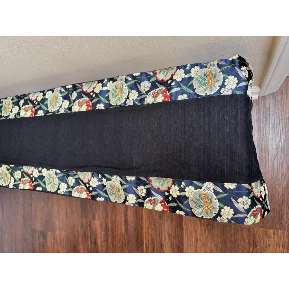 VTG Japanese Kimono Silk Brocade‎ Table Runner Black Navy Butterfly Floral 12x58